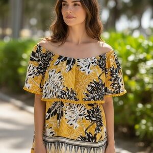 Mustard Yellow Floral Off-Shoulder Blouse | Boho Summer Top Size M
